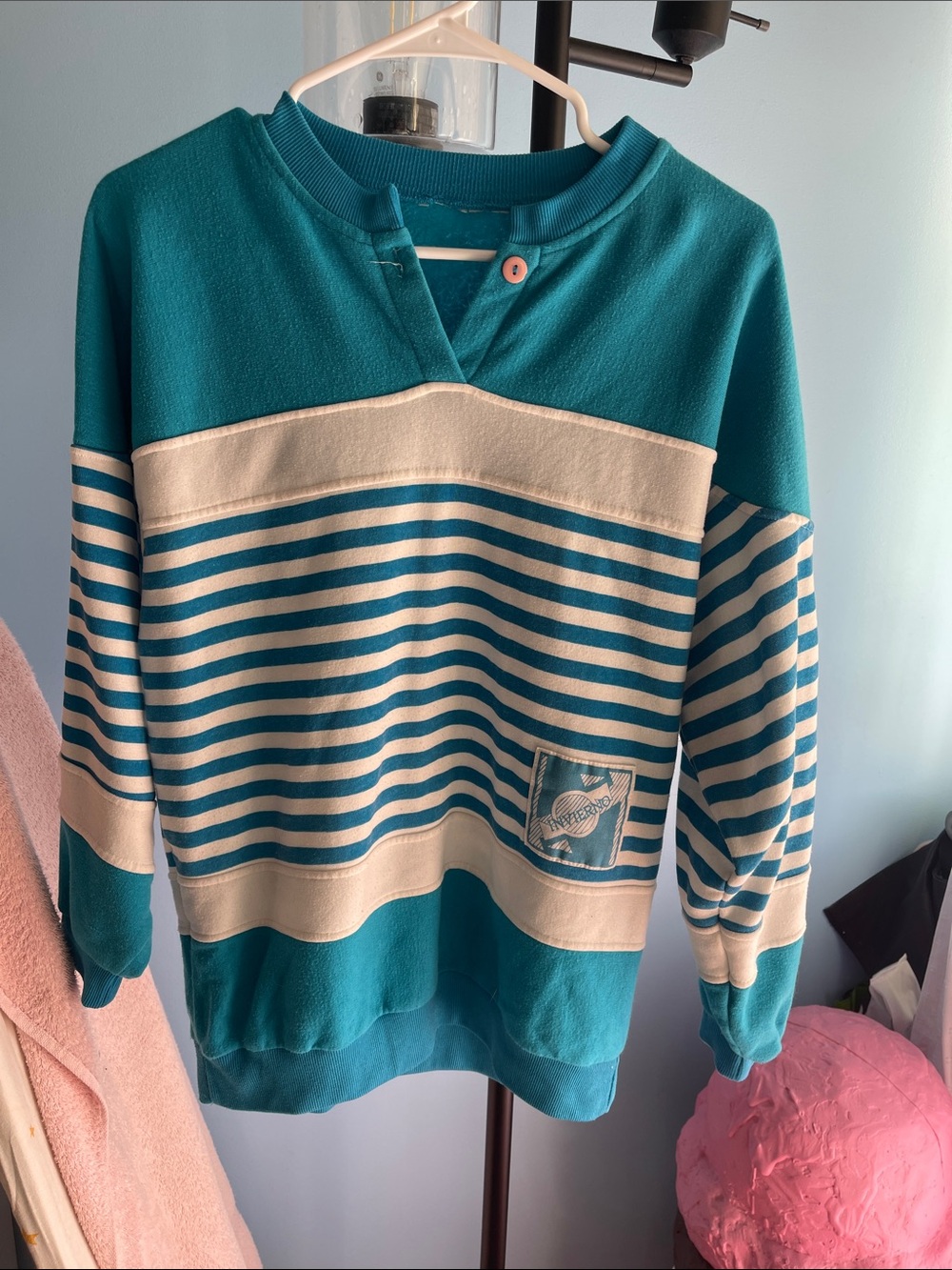 Teal and Cream Striped Men's Sweater